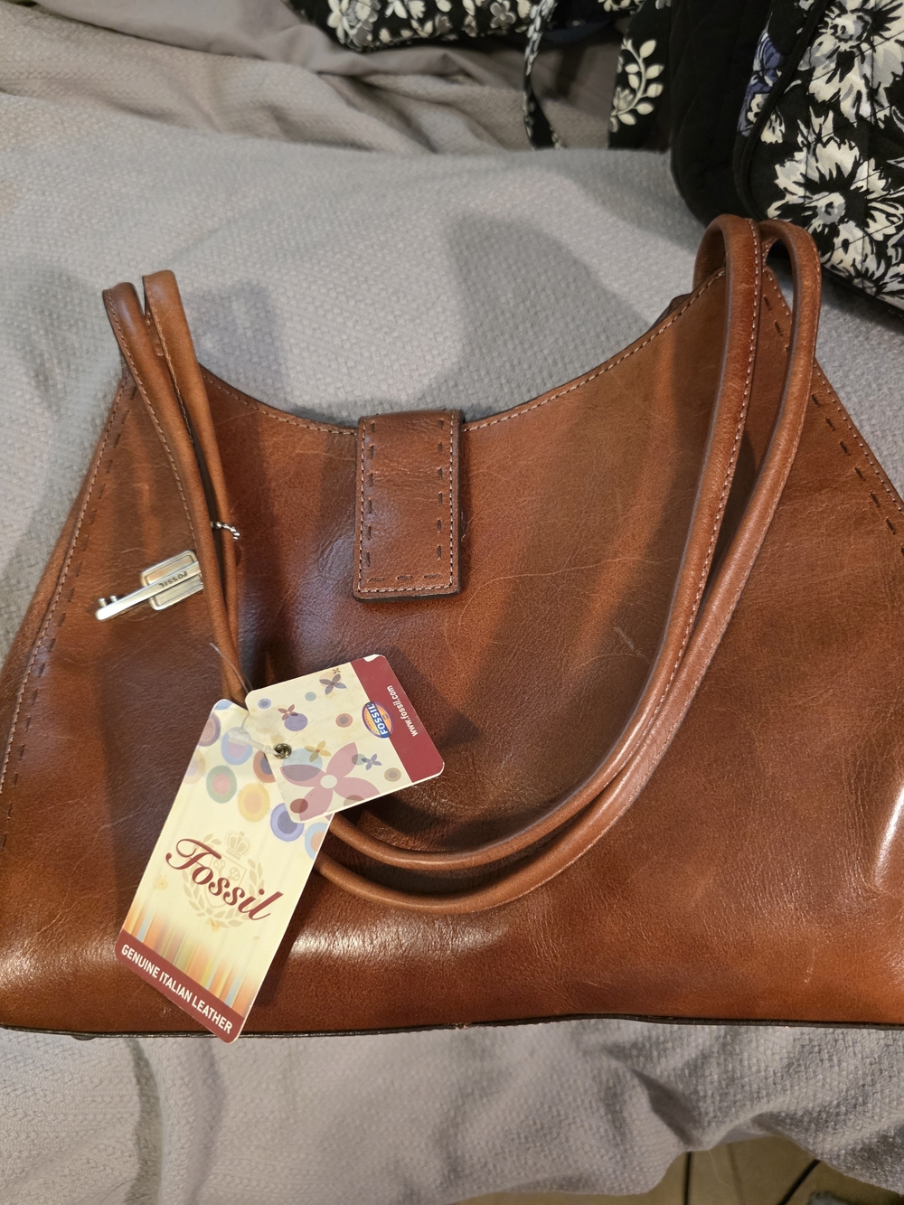 Fossil Leather Double-Handle Shoulder Bag in Cognac
